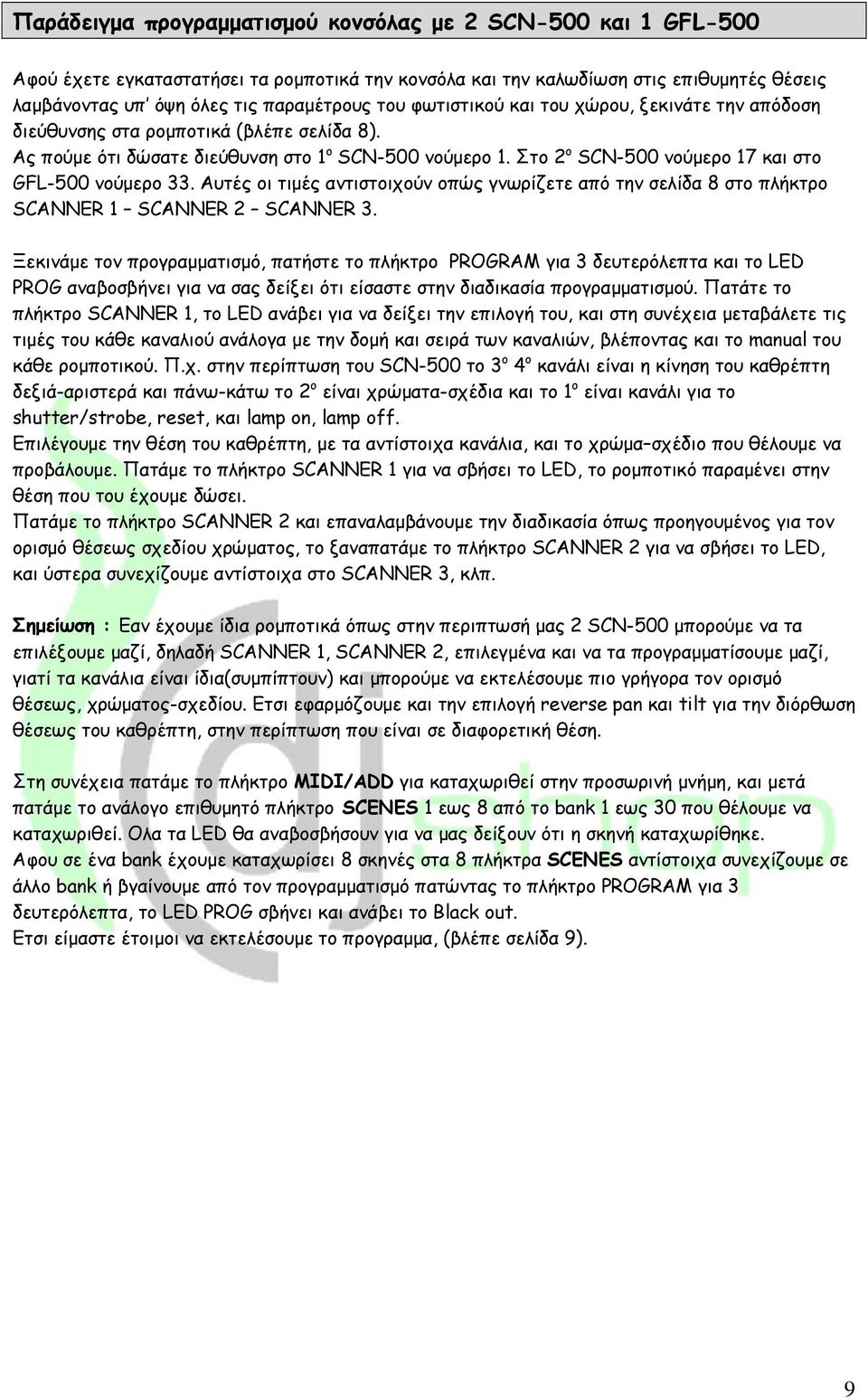 Στο 2 ο SCN-500 νούμερο 17 και στο GFL-500 νούμερο 33. Αυτές οι τιμές αντιστοιχούν οπώς γνωρίζετε από την σελίδα 8 στο πλήκτρο SCANNER 1 SCANNER 2 SCANNER 3.