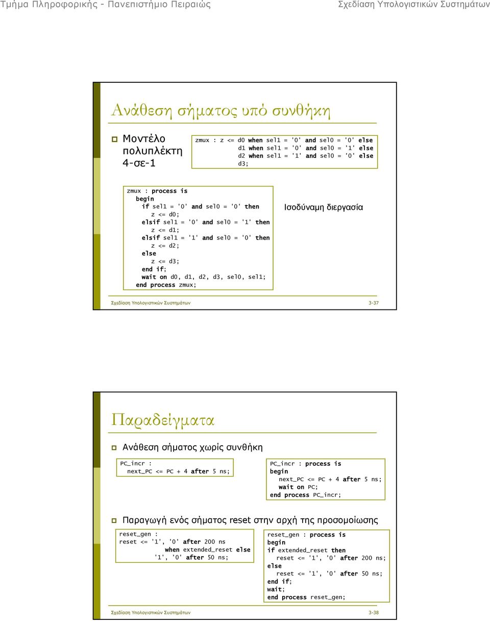 sel1; end process zmux; Ισοδύναµη διεργασία 3-37 Παραδείγµατα Ανάθεση σήµατος χωρίς συνθήκη PC_incr : next_pc <= PC + 4 after 5 ns; PC_incr : process is next_pc <= PC + 4 after 5 ns; wait on PC; end