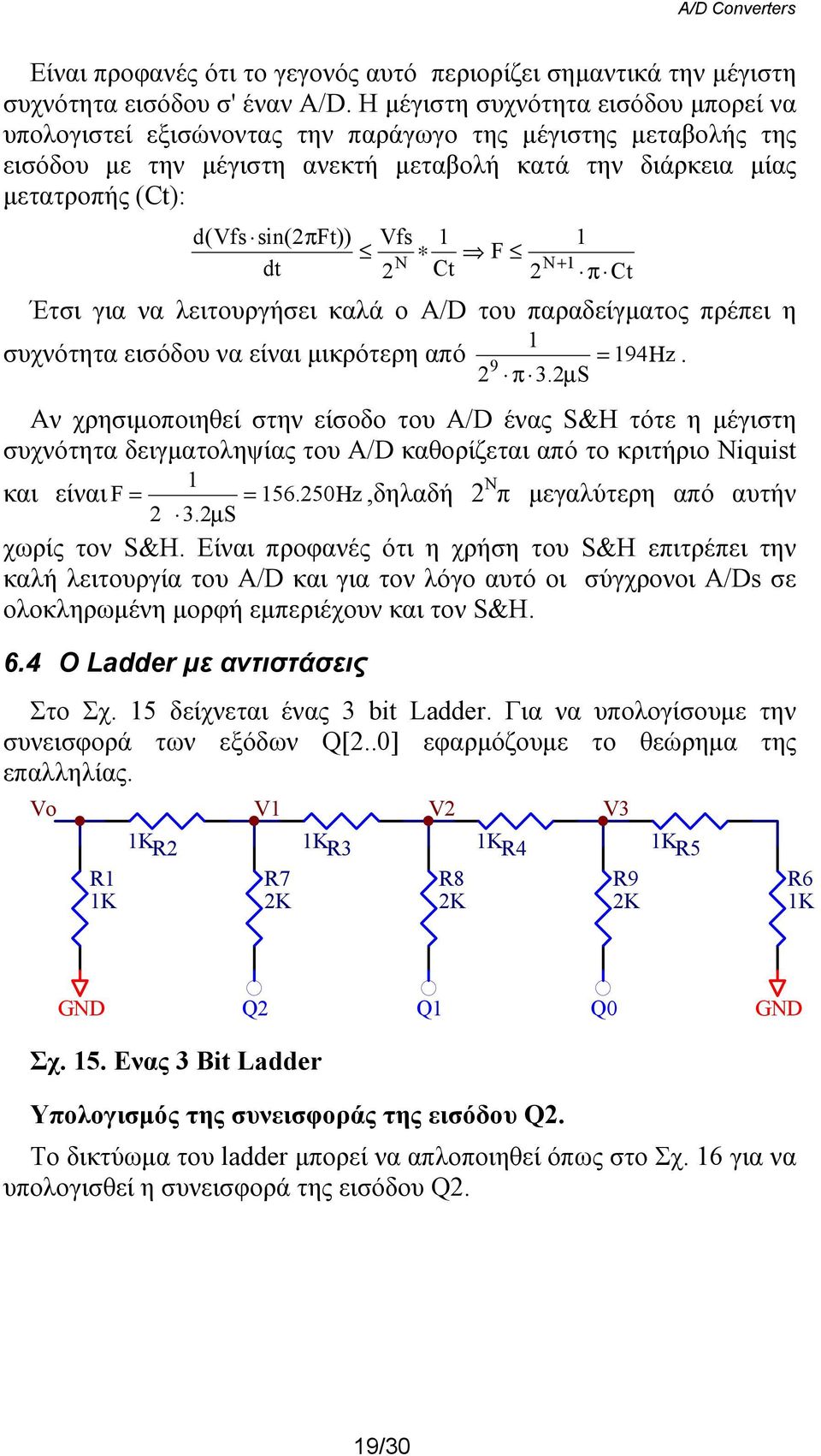 Vfs dt N Ct F N+ π Ct Έτσι για να λειτουργήσει καλά ο A/D του παραδείγματος πρέπει η συχνότητα εισόδου να είναι μικρότερη από = 94Ηz. 9 π 3.