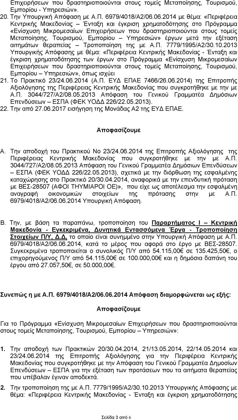 Εμπορίου Υπηρεσιών» έργων μετά την εξέταση αιτημάτων θεραπείας Τροποποίηση της με Α.Π. 7779/1995/Α2/30.10.