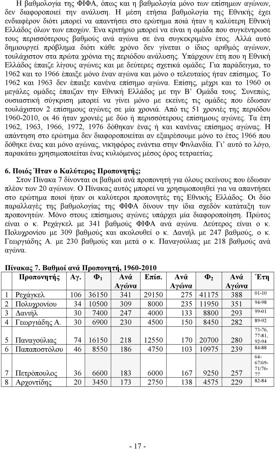 Ένα κριτήριο μπορεί να είναι η ομάδα που συγκέντρωσε τους περισσότερους βαθμούς ανά αγώνα σε ένα συγκεκριμένο έτος.