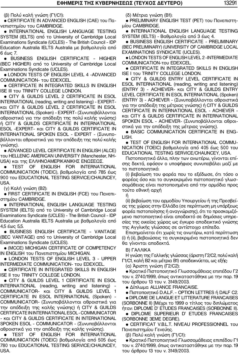 6 έως 7. BUSINESS ENGLISH CERTIFICATE HIGHER (BEC HIGHER) από το University of Cambridge Local Examinations Syndicate (UCLES). LONDON TESTS OF ENGLISH LEVEL 4 ADVANCED COMMUNICATION του EDEXCEL.