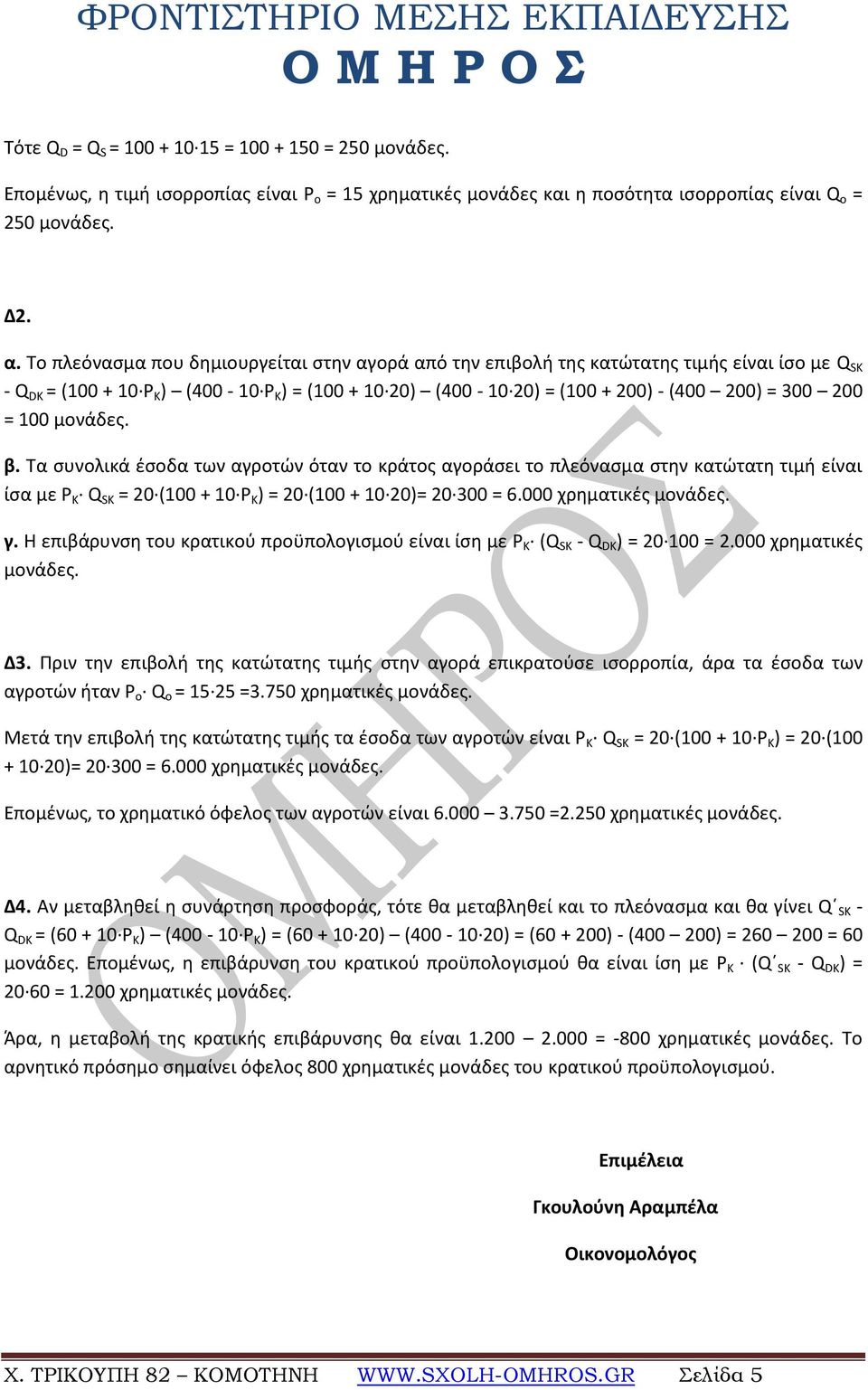 = 100 μονάδεσ. β. Σα ςυνολικά ζςοδα των αγροτών όταν το κράτοσ αγοράςει το πλεόναςμα ςτθν κατώτατθ τιμι είναι ίςα με Ρ Κ Q SK = 20 (100 + 10 Ρ Κ ) = 20 (100 + 10 20)= 20 300 = 6.
