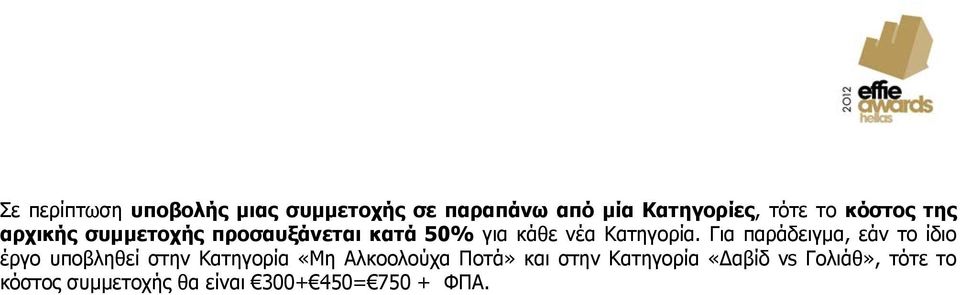 Για παράδειγμα, εάν το ίδιο έργο υποβληθεί στην Κατηγορία «Μη Αλκοολούχα Ποτά»