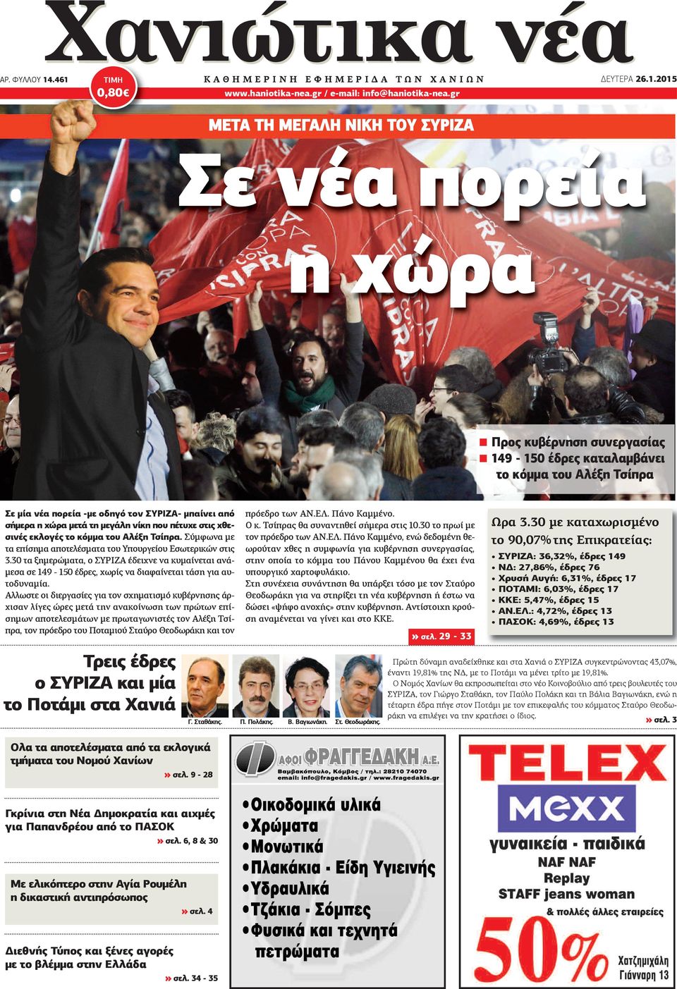 χώρα μετά τη μεγάλη νίκη που πέτυχε στις χθεσινές εκλογές το κόμμα του Αλέξη Τσίπρα. Σύμφωνα με τα επίσημα αποτελέσματα του Υπουργείου Εσωτερικών στις 3.