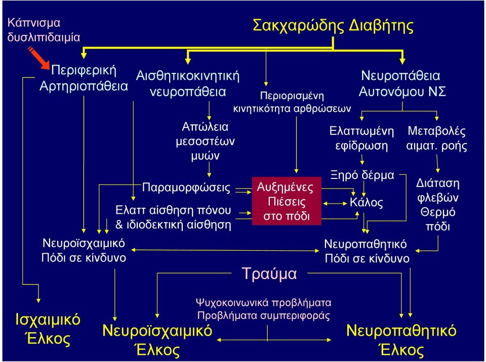 Πιέσεις στο πόδι Τραύµα Νευροπάθεια Αυτονόµου ΝΣ Ελαττωµένη εφίδρωση Ξηρό δέρµα Κάλος Νευροπαθητικό Πόδι σε κίνδυνο Μεταβολές