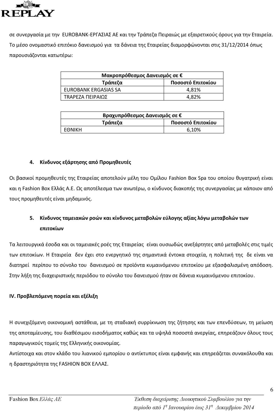 SA 4,81% TRAPEZA ΠΕΙΡΑΙΩΣ 4,82% Βραχυπρόθεσμος Δανεισμός σε Τράπεζα Ποσοστό Επιτοκίου ΕΘΝΙΚΗ 6,10% 4.