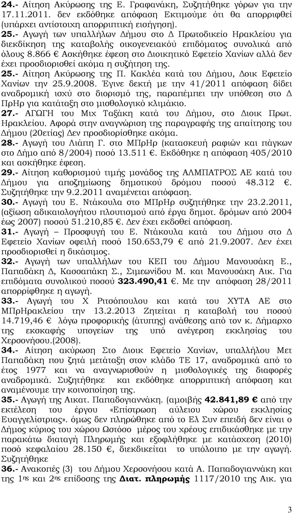 866 Ασκήθηκε έφεση στο Διοικητικό Εφετείο Χανίων αλλά δεν έχει προσδιορισθεί ακόμα η συζήτηση της. 25.- Αίτηση Ακύρωσης της Π. Κακλέα κατά του Δήμου, Δοικ Εφετείο Χανίων την 25.9.2008.