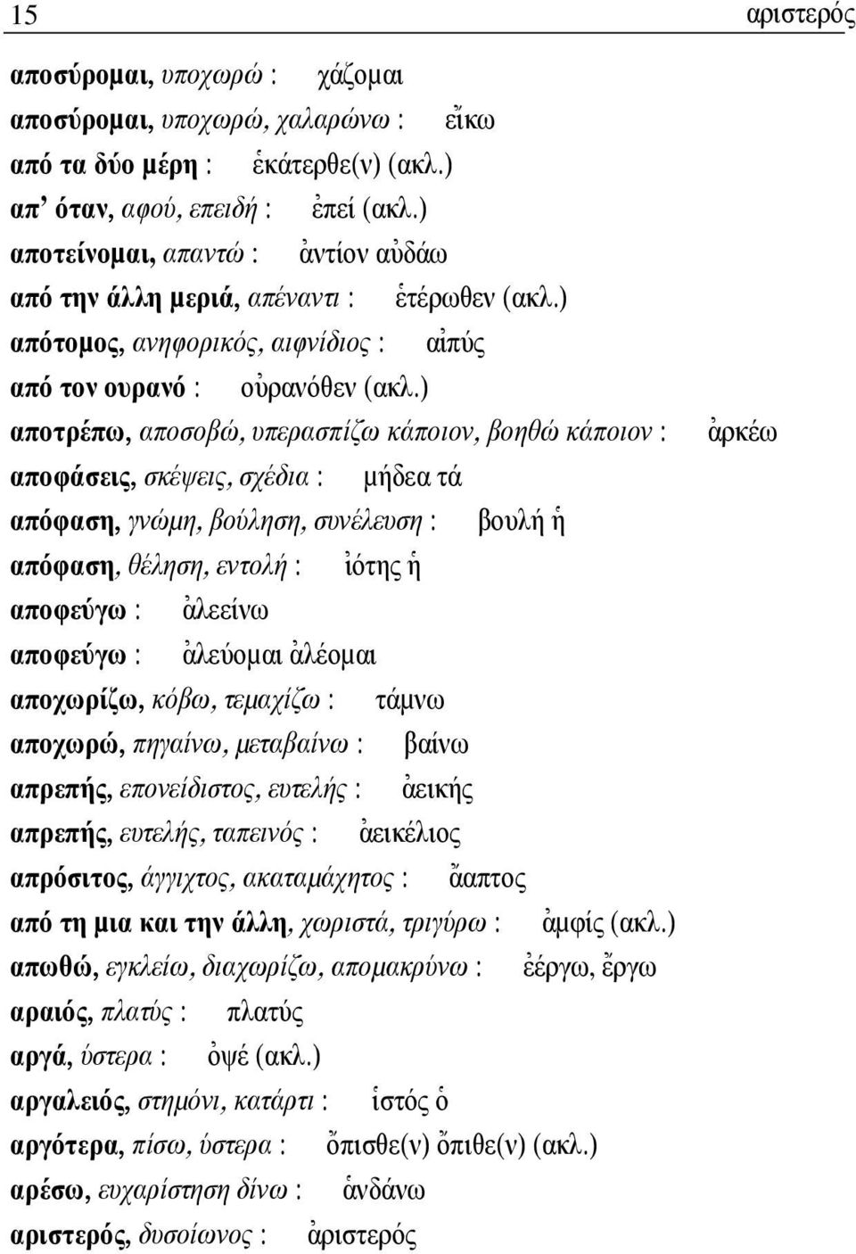 ) αποτρέπω, αποσοβώ, υπερασπίζω κάποιον, βοηθώ κάποιον : αποφάσεις, σκέψεις, σχέδια : µήδεα τά απόφαση, γνώµη, βούληση, συνέλευση : βουλή ]η απόφαση, θέληση, εντολή : [ιότης ]η αποφεύγω : [αλεείνω