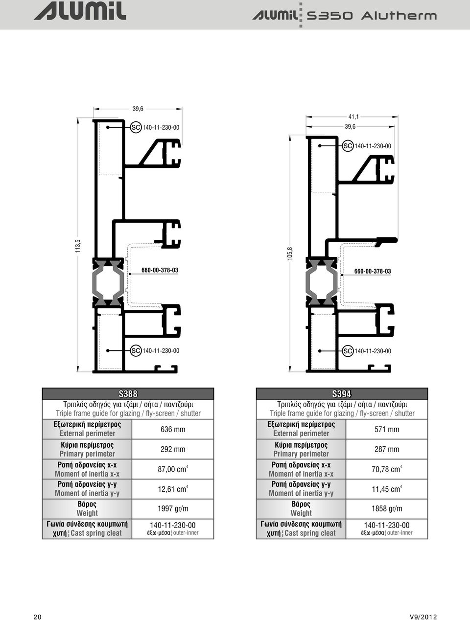 óýíäåóçò κουμπωτή χυτή Cast spring cleat 292 mm 87,00 cm 12,61 cm 1997 gr/m 10-11-230-00 έξω-μέσα outer-inner S39 Τριπλός οδηγός για τζάμι / σήτα / παντζούρι Triple frame guide for glazing /