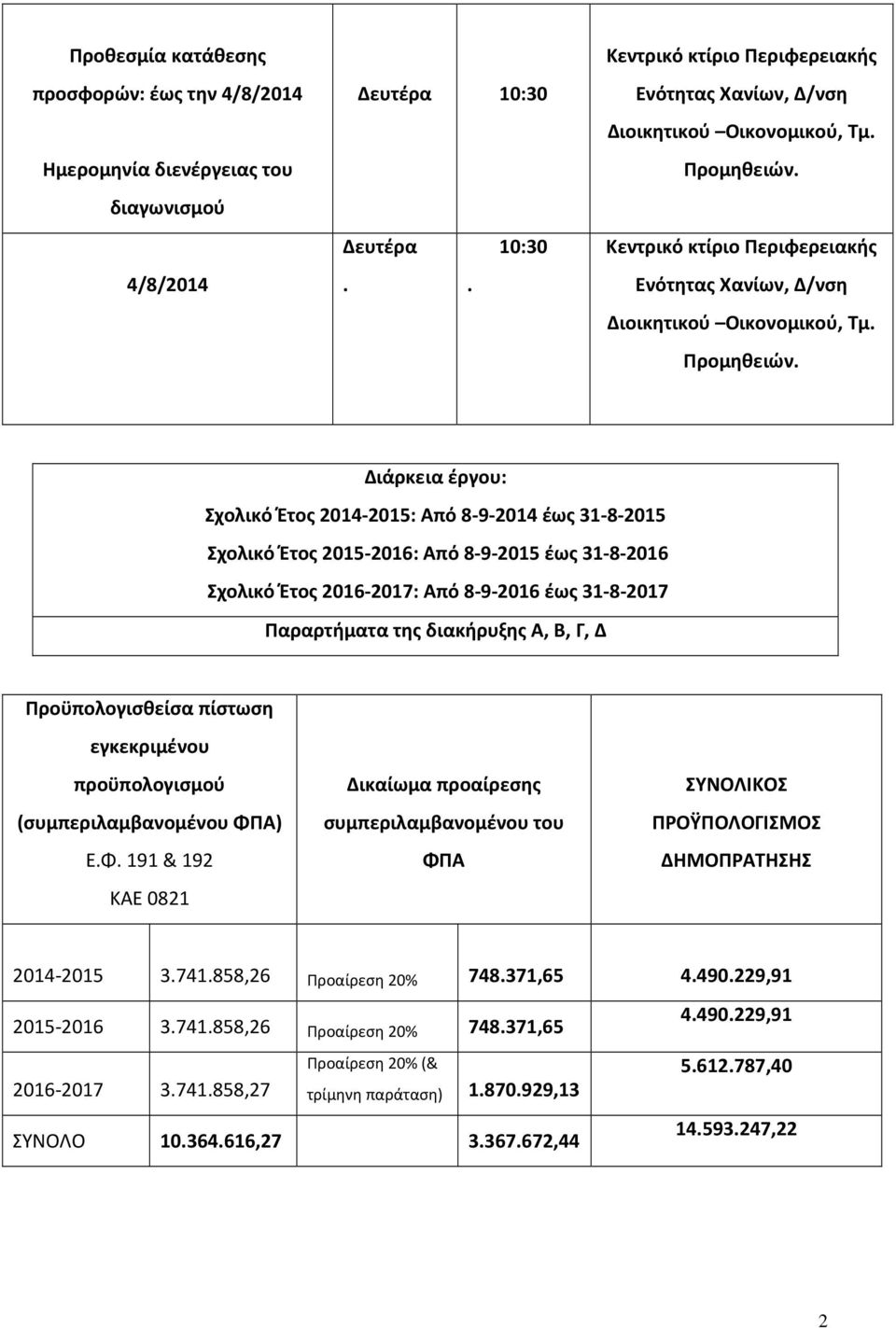 Κεντρικό κτίριο Περιφερειακής Ενότητας Χανίων, Δ/νση Διοικητικού Οικονομικού, Τμ. Προμηθειών.