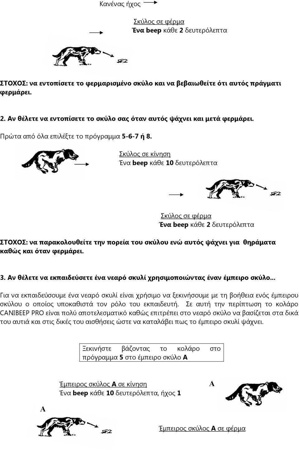 Σκύλος σε κίνηση Ένα beep κάθε 10 δευτερόλεπτα Σκύλος σε φέρµα Ένα beep κάθε 2 δευτερόλεπτα ΣΤΟΧΟΣ: να παρακολουθείτε την πορεία του σκύλου ενώ αυτός ψάχνει για θηράµατα καθώς και όταν φερµάρει. 3.