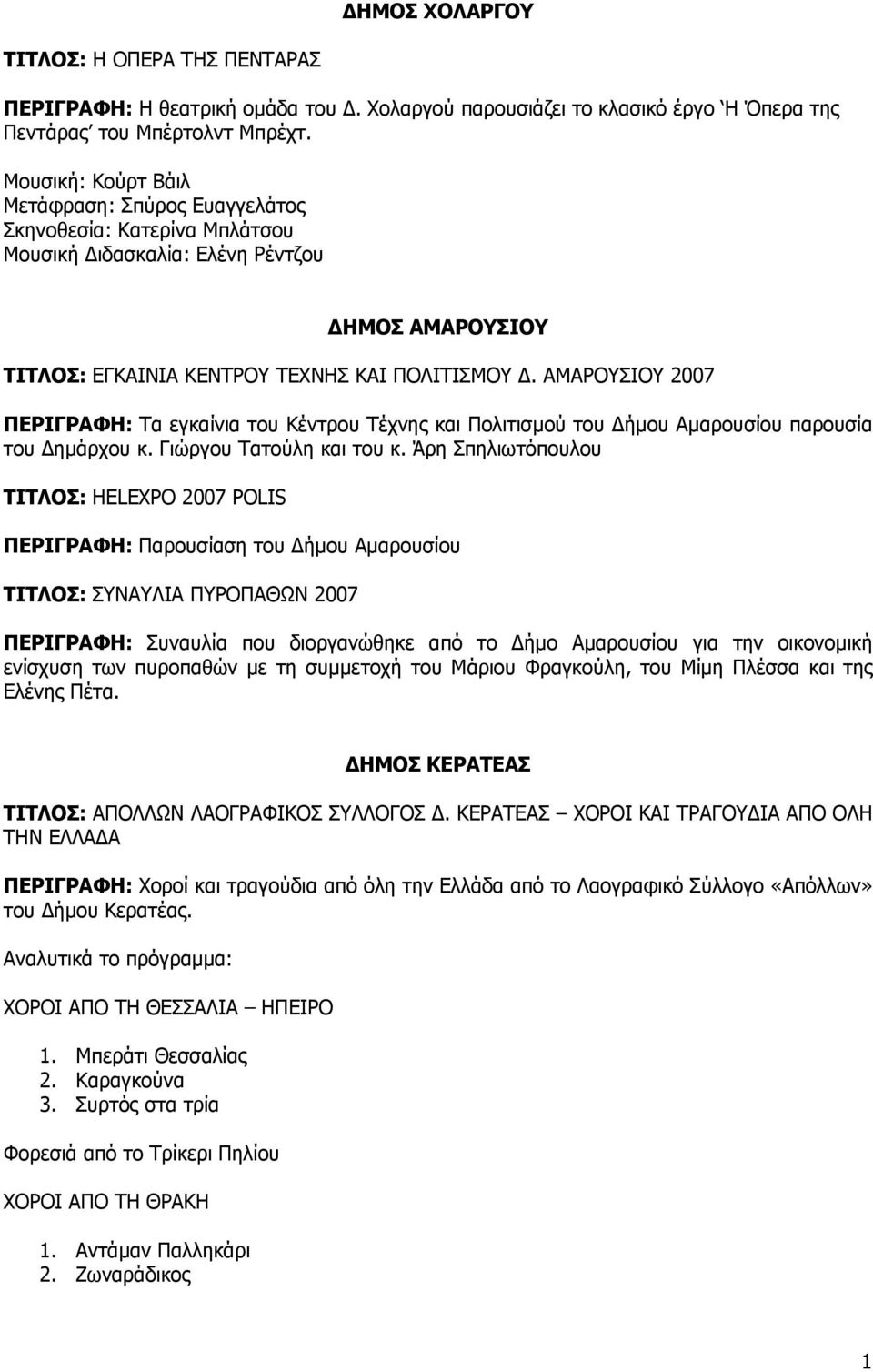 ΑΜΑΡΟΥΣΙΟΥ 2007 ΠΕΡΙΓΡΑΦΗ: Τα εγκαίνια του Κέντρου Τέχνης και Πολιτισµού του ήµου Αµαρουσίου παρουσία του ηµάρχου κ. Γιώργου Τατούλη και του κ.