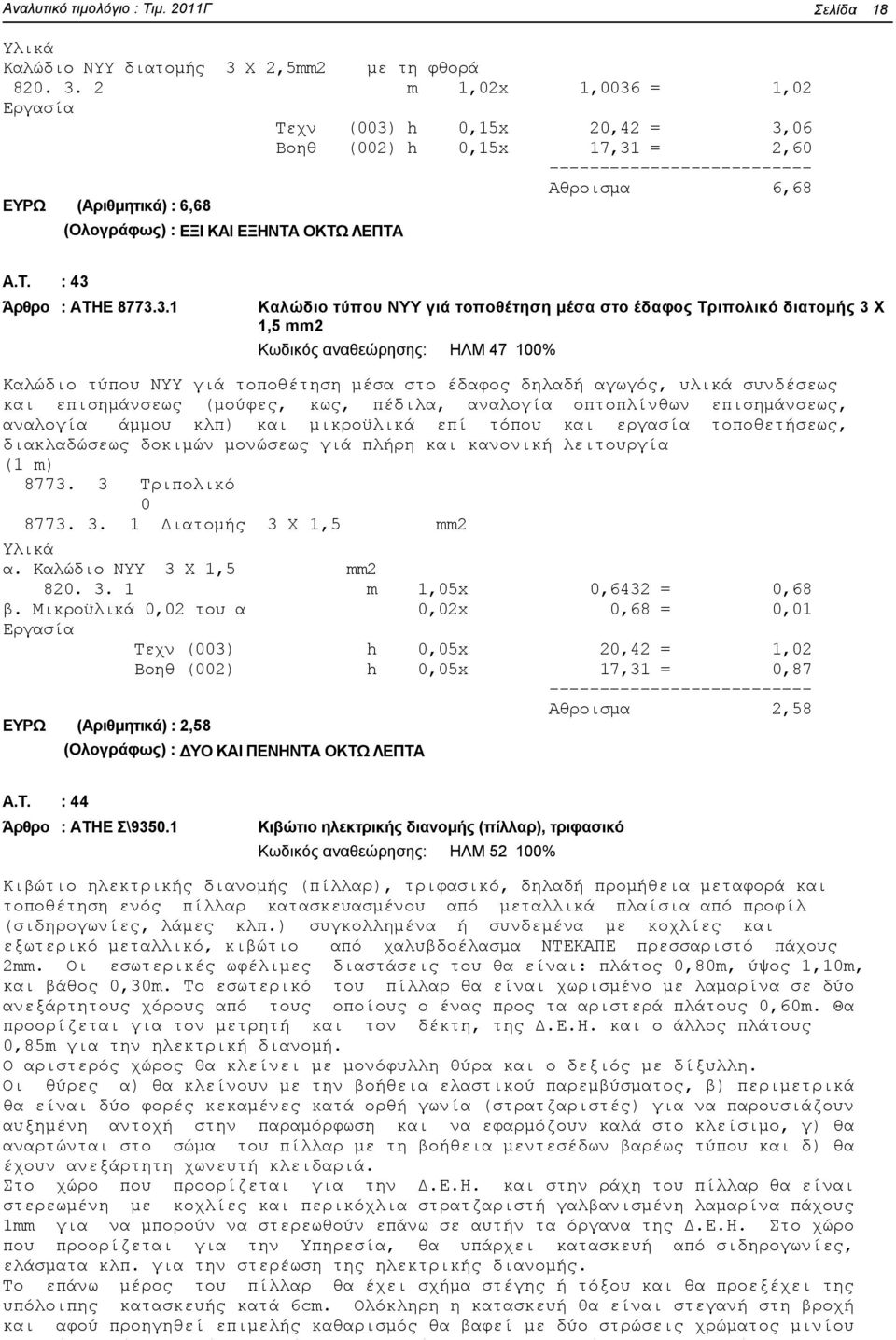 2 m 1,02x 1,0036 = 1,02 Εργασία Τεχν (003) h 0,15x 20,42 = 3,06 Βοηθ (002) h 0,15x 17,31 = 2,60 -------------------------- Αθροισμα 6,68 ΕΥΡΩ (Αριθμητικά) : 6,68 (Ολογράφως) : ΕΞΙ ΚΑΙ ΕΞΗΝΤΑ ΟΚΤΩ