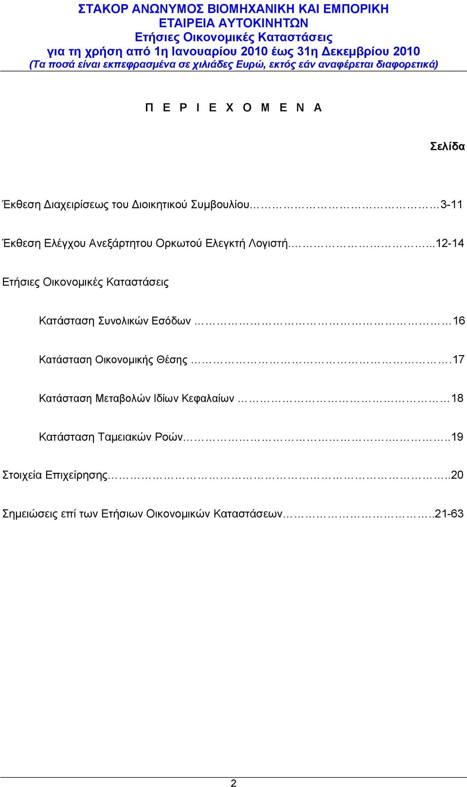 ...12-14 Κατάσταση Συνολικών Εσόδων 16 Κατάσταση Οικονομικής Θέσης.