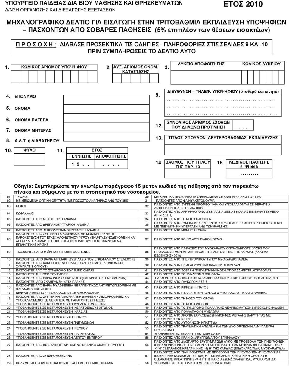 - ΠΛΗΡΟΦΟΡΙΕΣ ΣΤΙΣ ΣΕΛΙ ΕΣ 9 ΚΑΙ 10 ΠΡΙΝ ΣΥΜΠΛΗΡΩΣΕΙΣ ΤΟ ΕΛΤΙΟ ΑΥΤΟ 1. ΚΩ ΙΚΟΣ ΑΡΙΘΜΟΣ ΥΠΟΨΗΦΙΟΥ 2. ΑΥΞ. ΑΡΙΘΜΟΣ ΟΝΟΜ. 3. ΚΑΤΑΣΤΑΣΗΣ ΛΥΚΕΙΟ ΑΠΟΦΟΙΤΗΣΗΣ ΚΩ ΙΚΟΣ ΛΥΚΕΙΟΥ 4. ΕΠΩΝΥΜΟ 5. ΟΝΟΜΑ 6.