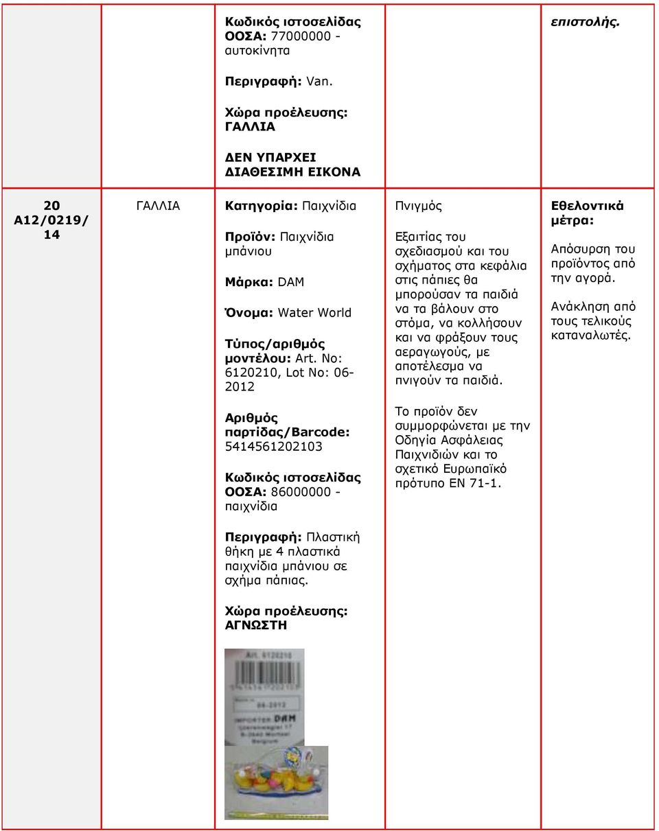 No: 6120210, Lot No: 06-2012 Πνιγµός Εξαιτίας του σχεδιασµού και του σχήµατος στα κεφάλια στις πάπιες θα µπορούσαν τα παιδιά να τα βάλουν στο στόµα, να κολλήσουν και να