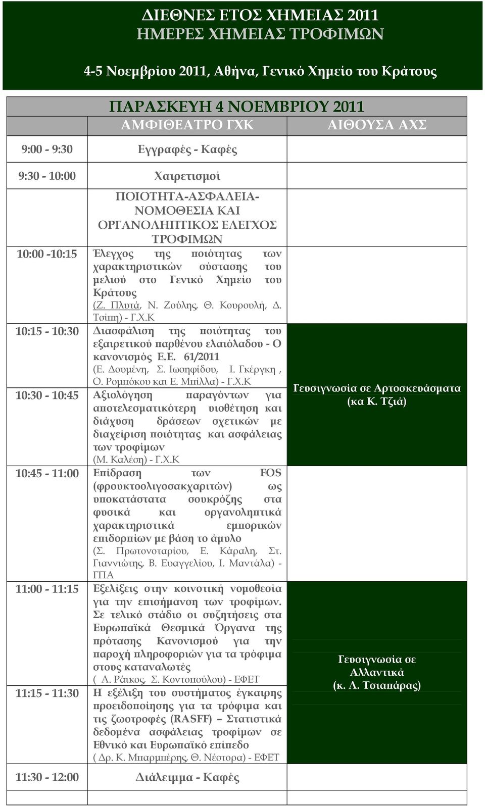 Ζούλης, Θ. Κουρουλή, Δ. Τσίπη) - Γ.Χ.Κ 10:15-10:30 Διασφάλιση της ποιότητας του εξαιρετικού παρθένου ελαιόλαδου - Ο κανονισμός Ε.Ε. 61/2011 (Ε. Δουμένη, Σ. Ιωσηφίδου, Ι. Γκέργκη, Ο. Ρομπόκου και Ε.