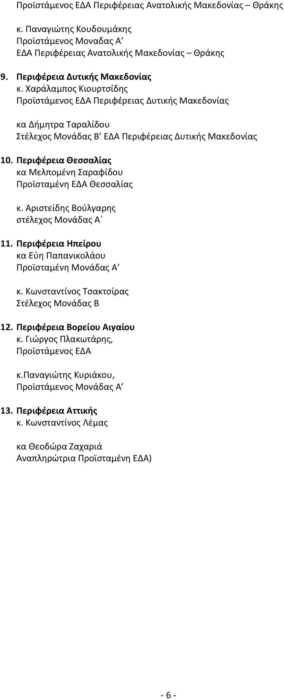 Περιφέρεια Θεσσαλίας κα Μελπομένη Σαραφίδου Προϊσταμένη ΕΔΑ Θεσσαλίας κ. Αριστείδης Βούλγαρης στέλεχος Μονάδας Α 11. Περιφέρεια Ηπείρου κα Εύη Παπανικολάου Προϊσταμένη Μονάδας Α κ.