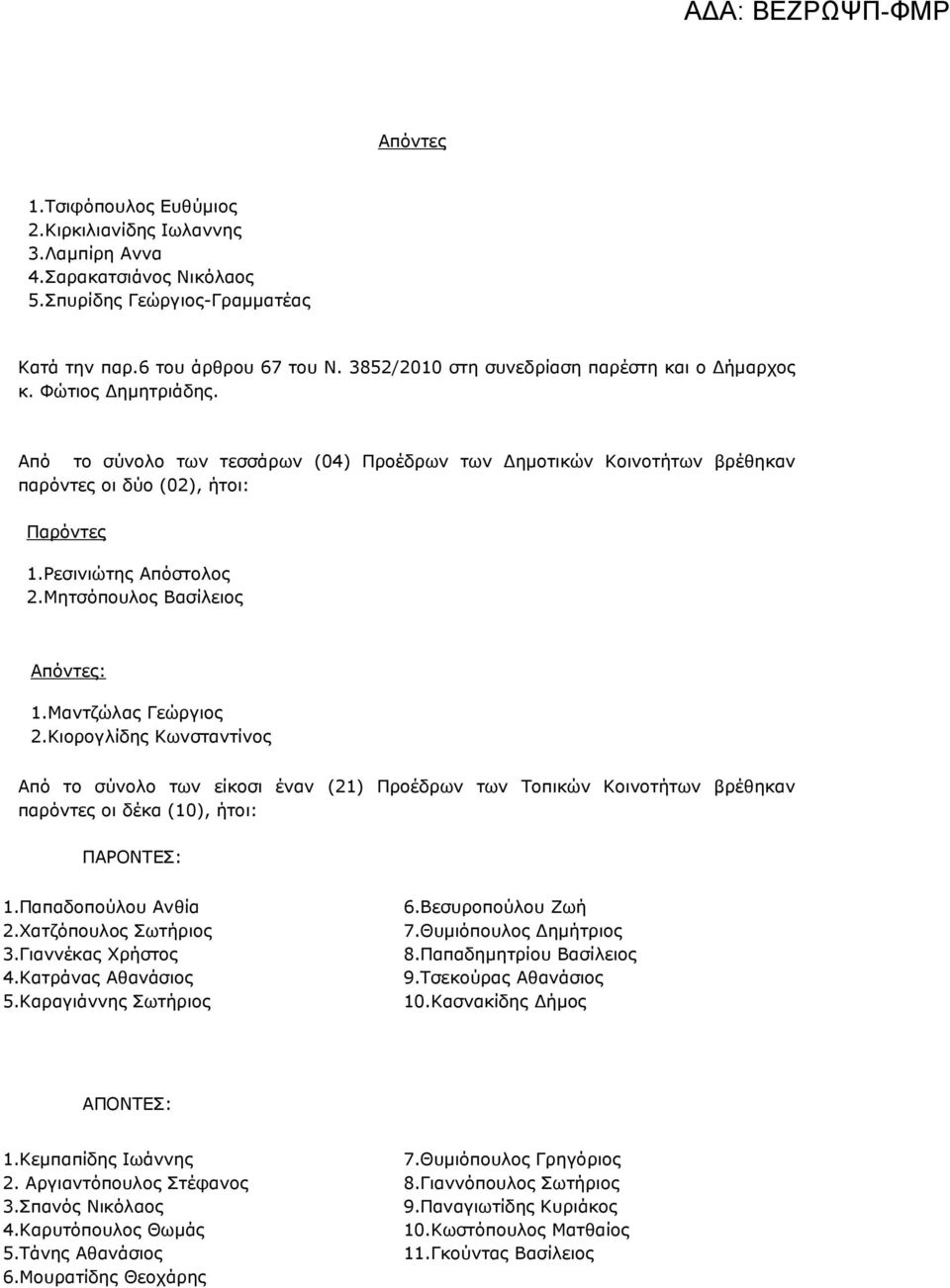 Ρεσινιώτης Απόστολος 2.Μητσόπουλος Βασίλειος Απόντες: 1.Μαντζώλας Γεώργιος 2.