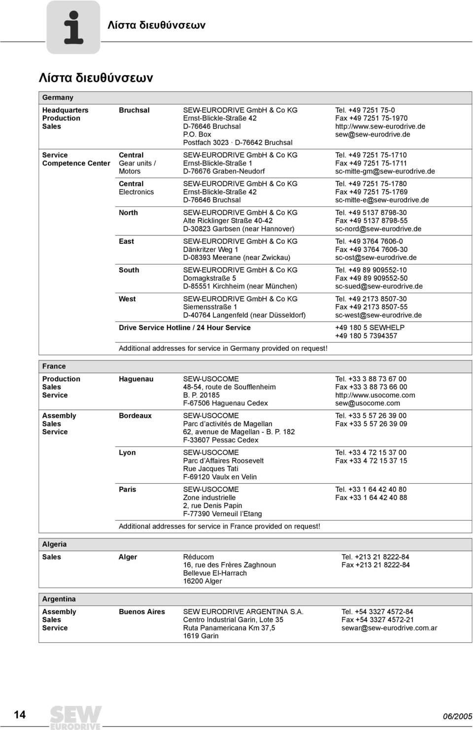 Box Postfach 3023 D-76642 Bruchsal SEW-EURODRIVE GmbH & Co KG Ernst-Blickle-Straße 1 D-76676 Graben-Neudorf SEW-EURODRIVE GmbH & Co KG Ernst-Blickle-Straße 42 D-76646 Bruchsal SEW-EURODRIVE GmbH & Co