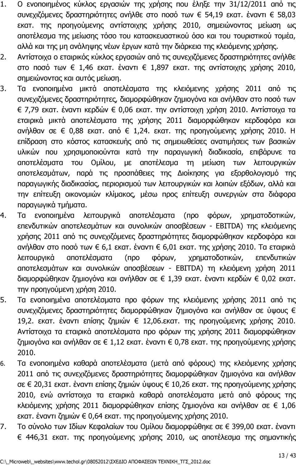 της κλειόμενης χρήσης. 2. Αντίστοιχα ο εταιρικός κύκλος εργασιών από τις συνεχιζόμενες δραστηριότητες ανήλθε στο ποσό των 1,46 εκατ. έναντι 1,897 εκατ.