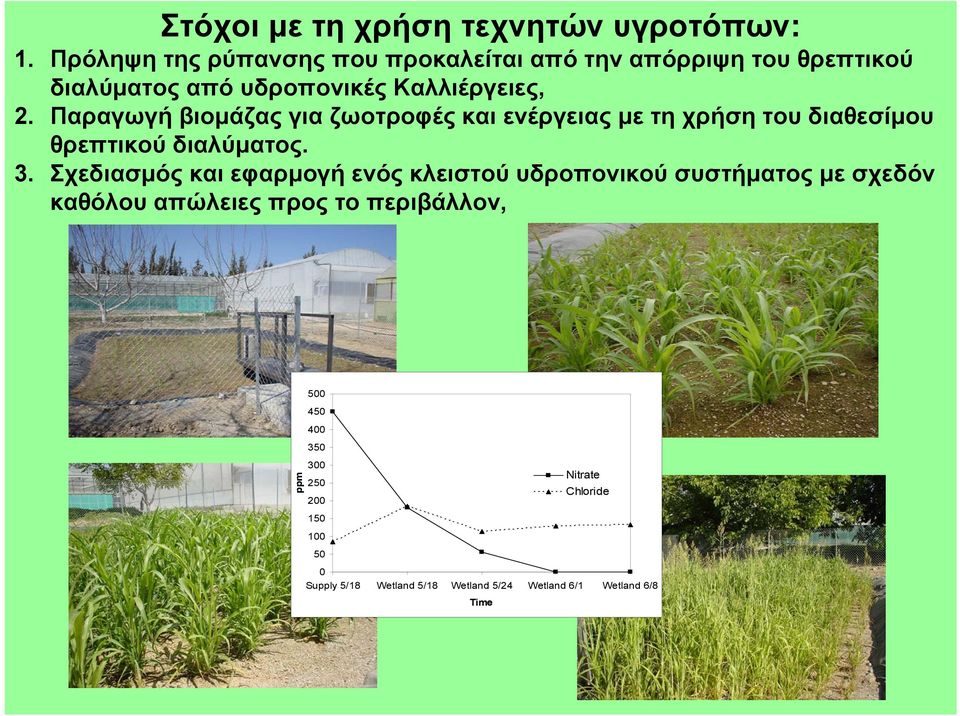 Παραγωγή βιομάζας για ζωοτροφές και ενέργειας με τη χρήση του διαθεσίμου θρεπτικού διαλύματος. 3.