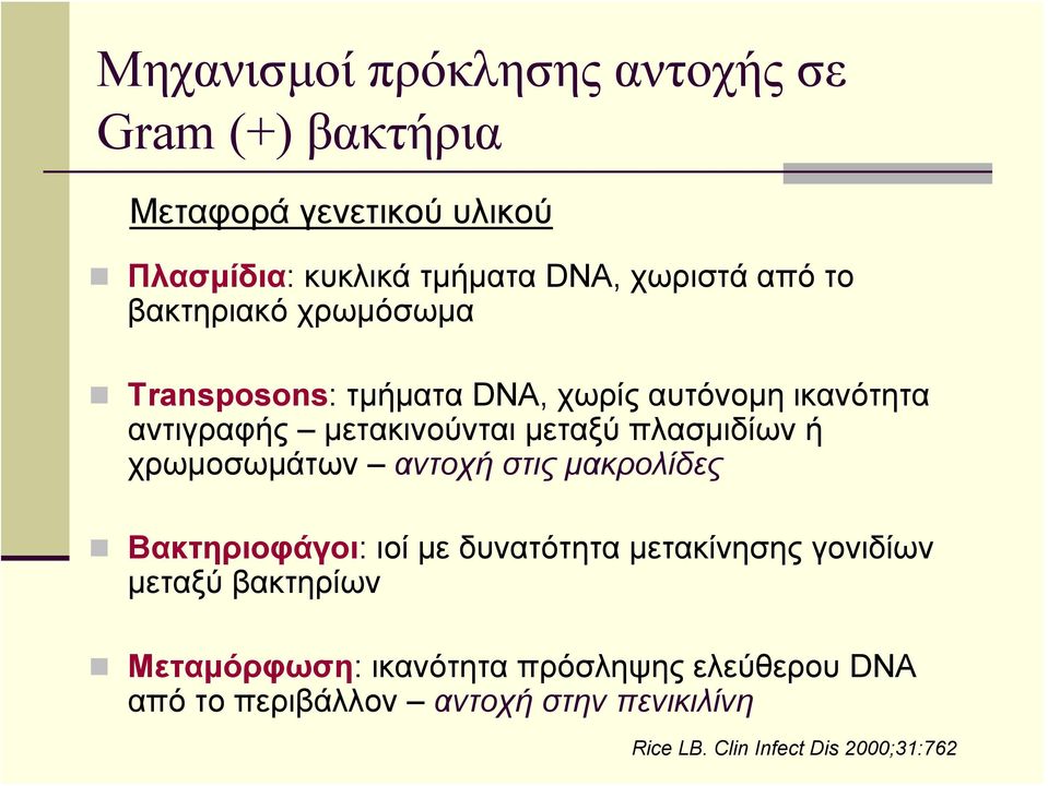 πλασμιδίων ή χρωμοσωμάτων αντοχή στις μακρολίδες Βακτηριοφάγοι: ιοί με δυνατότητα μετακίνησης γονιδίων μεταξύ