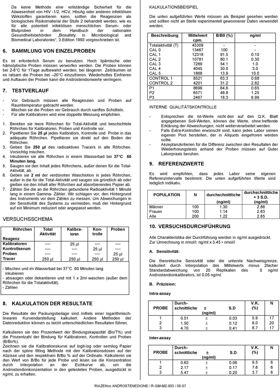 and Biomedical Laboratories, 3.Edition 1993 vorgeschrieben ist. 6. SAMMLUNG VON EINZELPROBEN Es ist erforderlich Serum zu benutzen. Hoch lipämische oder hämolytische Proben müssen verworfen werden.