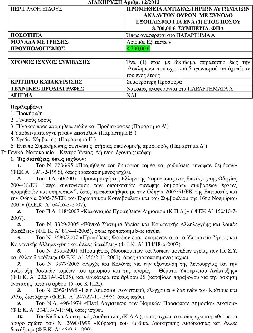 700,00 ΧΡΟΝΟΣ ΙΣΧΥΟΣ ΣΥΜΒΑΣΗΣ ΚΡΙΤΗΡΙΟ ΚΑΤΑΚΥΡΩΣΗΣ ΤΕΧΝΙΚΕΣ ΠΡΟΔΙΑΓΡΑΦΕΣ ΔΕΙΓΜΑ Ένα (1) έτος με δικαίωμα παράτασης έως την ολοκλήρωση του σχετικού διαγωνισμού και όχι πέραν του ενός έτους Συμφερότερη