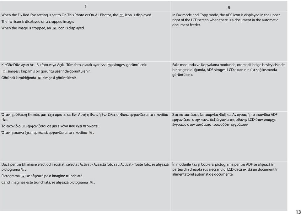 icon is displayed. In Fax mode and Copy mode, the ADF icon is displayed in the upper right of the LCD screen when there is a document in the automatic document feeder. g Kır.Göz Düz.