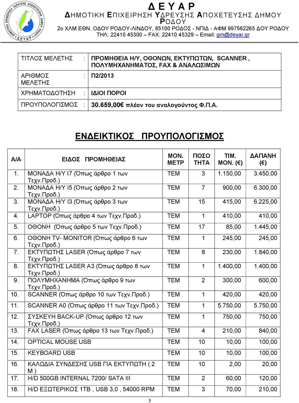 659,00 πλέον του αναλογούντος Φ.Π.Α. ΕΝΔΕΙΚΤΙΚΟΣ ΠΡΟΥΠΟΛΟΓΙΣΜΟΣ Α/Α ΕΙΔΟΣ ΠΡΟΜΗΘΕΙΑΣ 5 ΜΟΝ. ΜΕΤΡ ΠΟΣΟ ΤΗΤΑ ΤΙΜ. ΜΟΝ. ( ) ΔΑΠΑΝΗ ( ) 1. ΜΟΝΑΔΑ Η/Υ I7 (Όπως άρθρο 1 των ΤΕΜ 3 1.150,00 3.450,00 2.