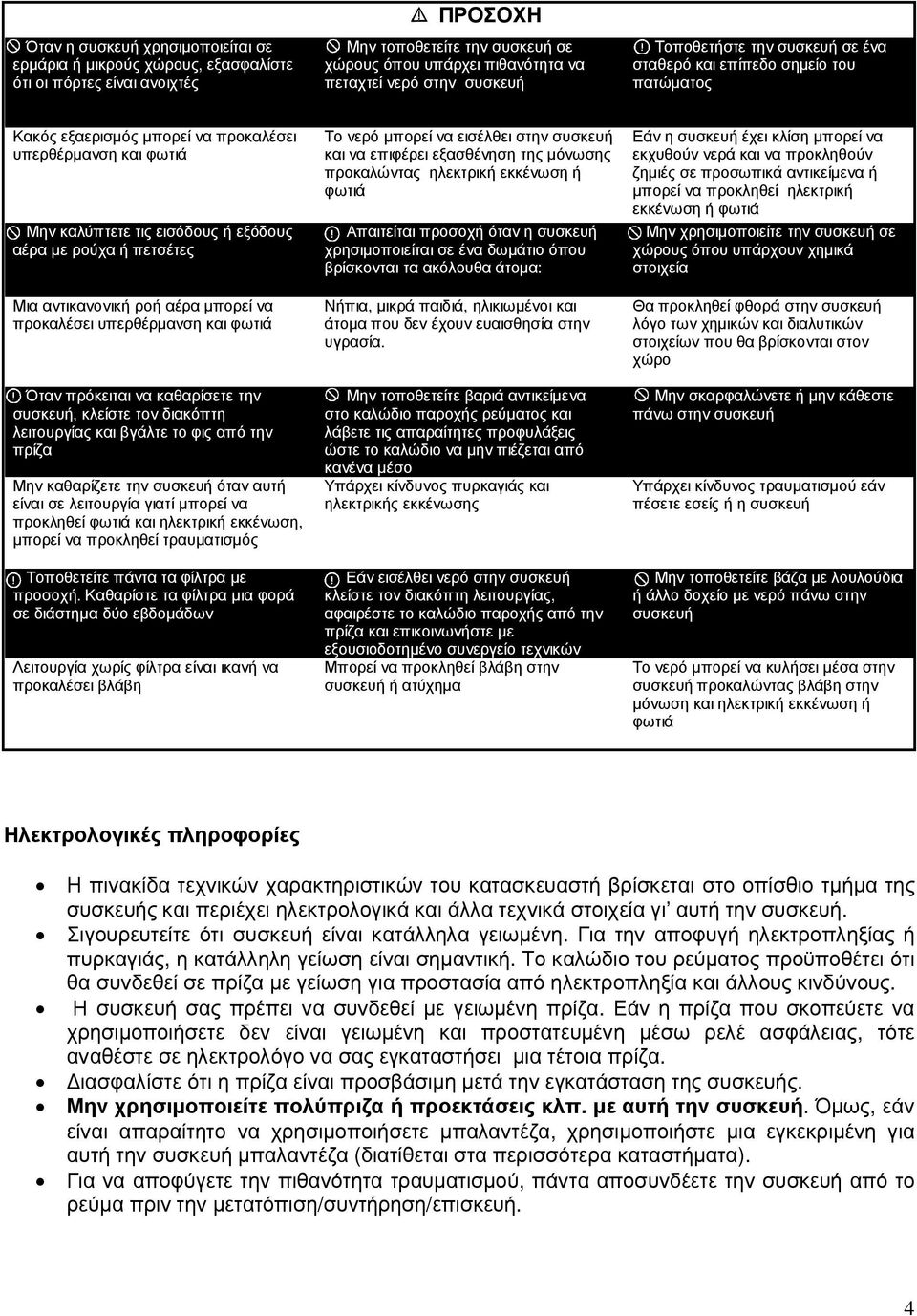 πετσέτες Μια αντικανονική ροή αέρα µπορεί να προκαλέσει υπερθέρµανση και φωτιά Όταν πρόκειται να καθαρίσετε την συσκευή, κλείστε τον διακόπτη λειτουργίας και βγάλτε το φις από την πρίζα Μην