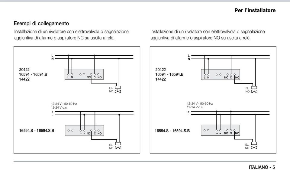 Installazione di un rivelatore con elettrovalvola o segnalazione aggiuntiva di allarme o aspiratore NO su uscita a relé.