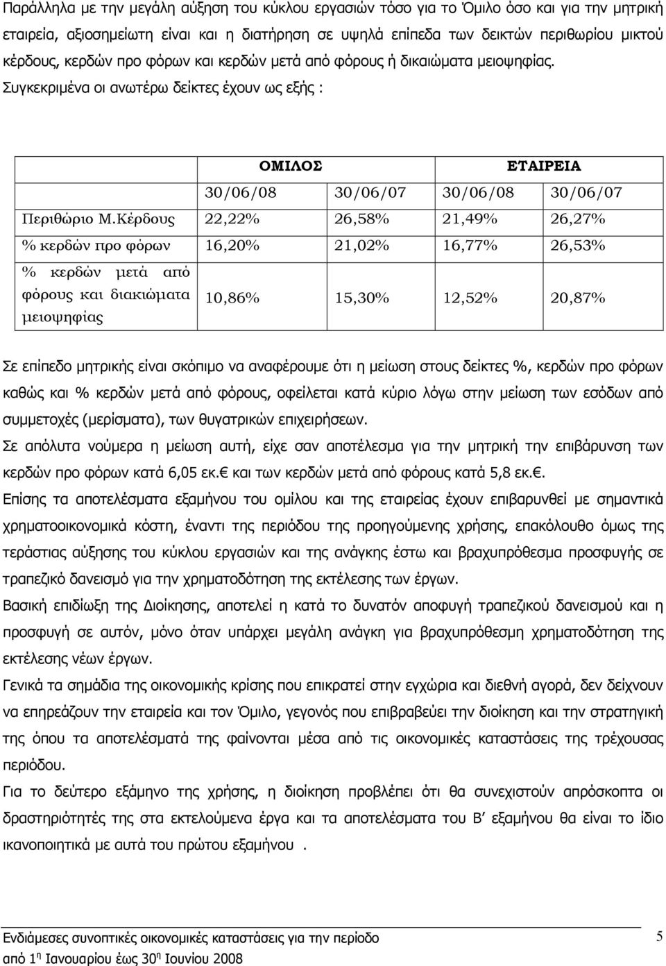 Κέρδους 22,22% 26,58% 21,49% 26,27% % κερδών προ φόρων 16,20% 21,02% 16,77% 26,53% % κερδών μετά από φόρους και διακιώματα μειοψηφίας 10,86% 15,30% 12,52% 20,87% Σε επίπεδο μητρικής είναι σκόπιμο να