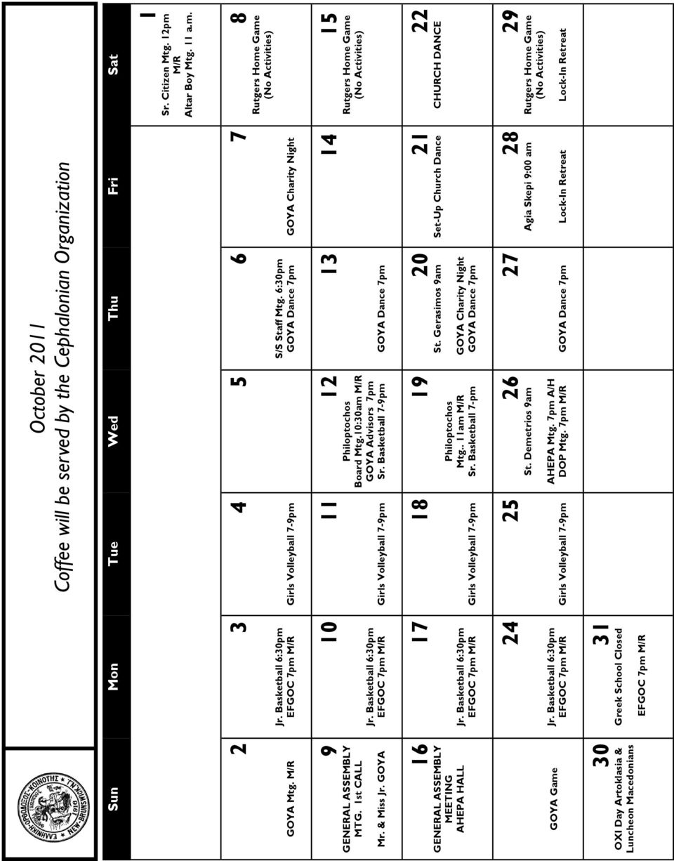 & Miss Jr. GOYA 10 Jr. Basketball 6:30pm EFGOC 7pm M/R 11 Girls Volleyball 7-9pm 12 Philoptochos Board Mtg.10:30am M/R GOYA Advisors 7pm Sr.