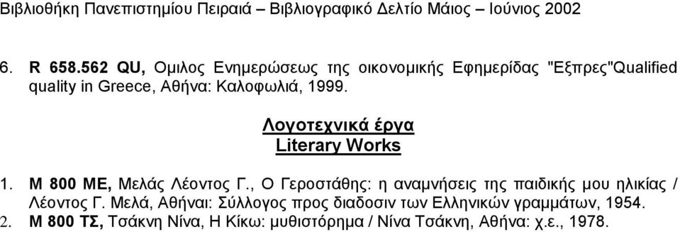 Καλοφωλιά, 1999. Λογοτεχνικά έργα Literary Works 1. Μ 800 ΜΕ, Μελάς Λέοντος Γ.