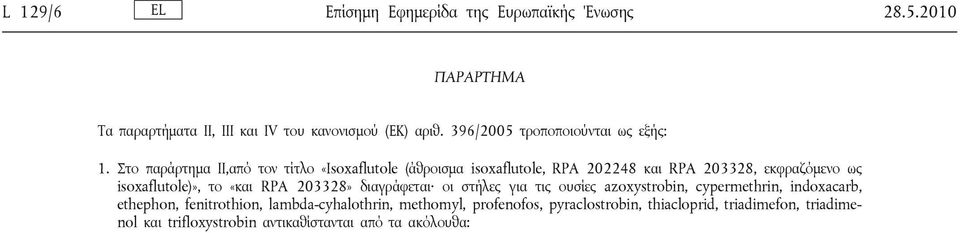 Στο παράρτημα ΙΙ,από τον τίτλο «Isoxaflutole (άθροισμα isoxaflutole, RPA 202248 και RPA 203328, εκφραζόμενο ως isoxaflutole)», το «και RPA