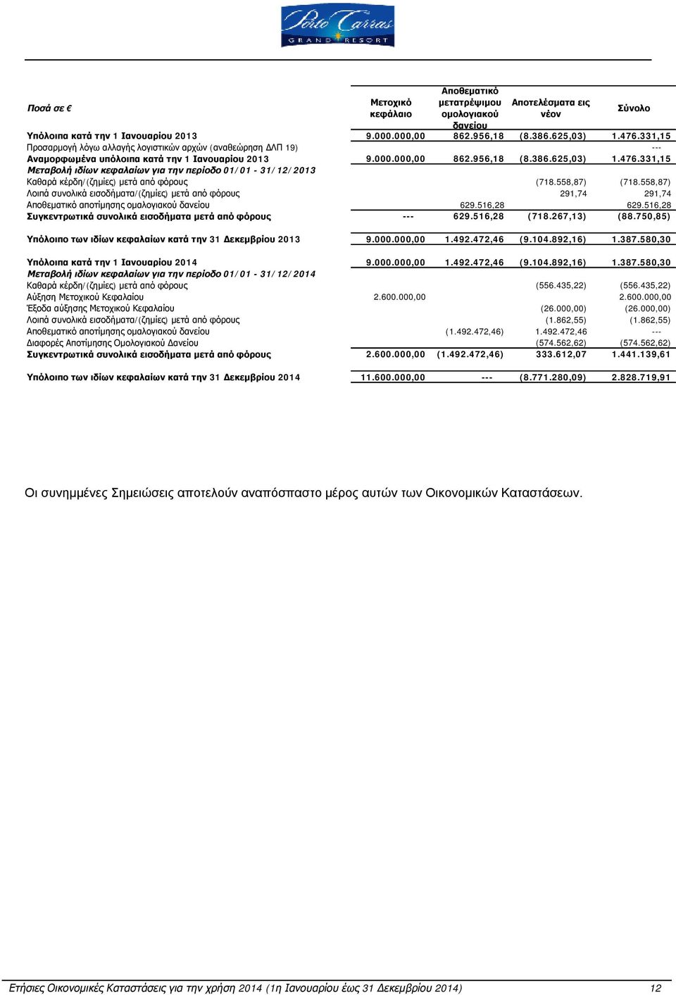 331,15 Μεταβολή ιδίων κεφαλαίων για την περίοδο 31/12/2013 Καθαρά κέρδη/(ζημίες) μετά από φόρους (718.558,87) (718.