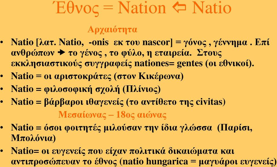 Natio = νη αξηζηνθξάηεο (ζηνλ Κηθέξσλα) Natio = θηινζνθηθή ζρνιή (Πιίληνο) Natio = βάξβαξνη ηζαγελείο (ην αληίζεην ηεο civitas)