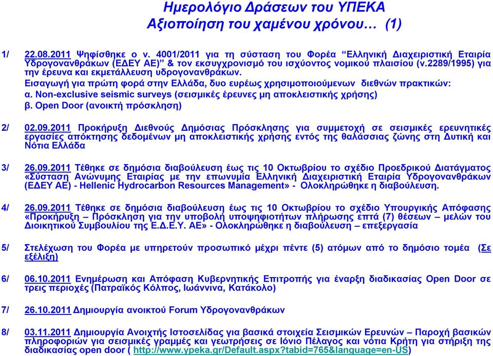 2289/1995) για την έρευνα και εκμετάλλευση υδρογονανθράκων. Εισαγωγή για πρώτη φορά στην Ελλάδα, δυο ευρέως χρησιμοποιούμενων διεθνών πρακτικών: α.