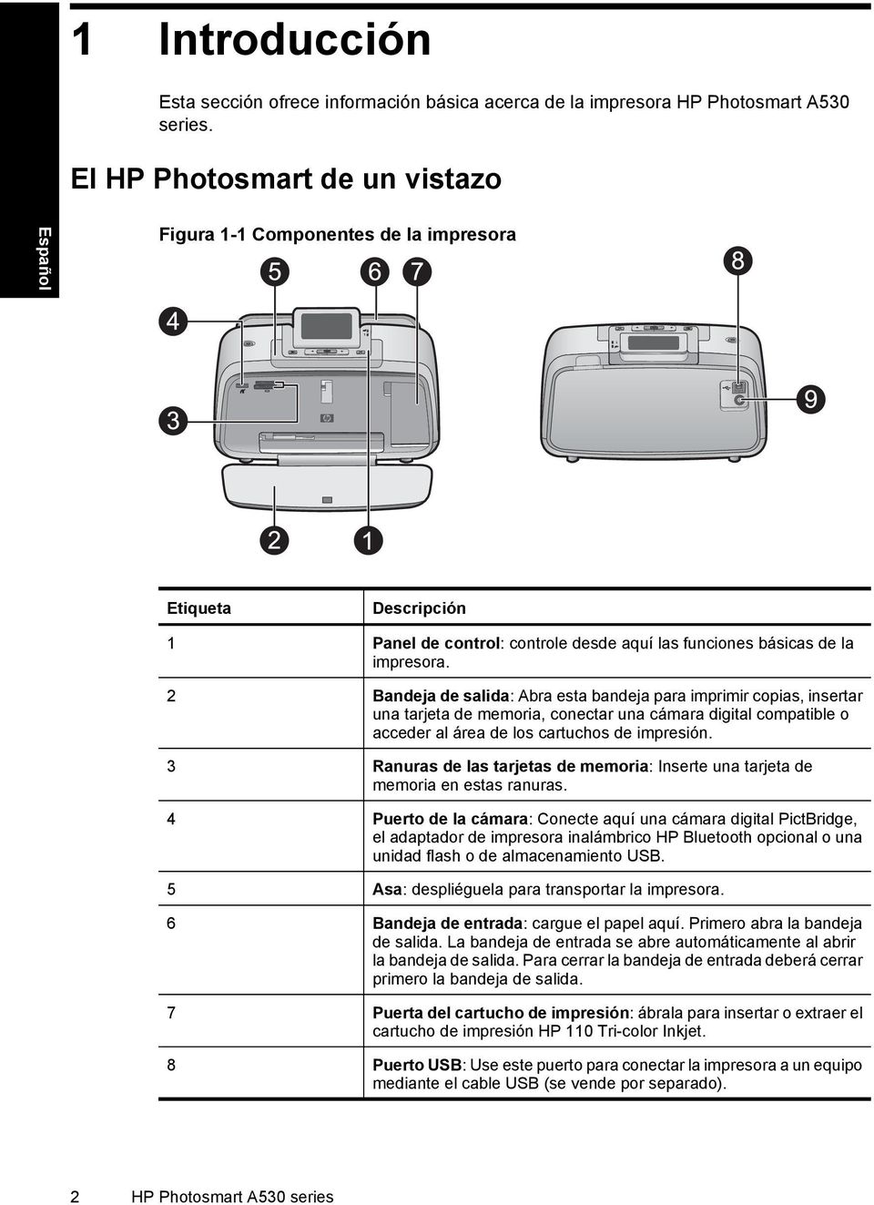 2 Bandeja de salida: Abra esta bandeja para imprimir copias, insertar una tarjeta de memoria, conectar una cámara digital compatible o acceder al área de los cartuchos de impresión.