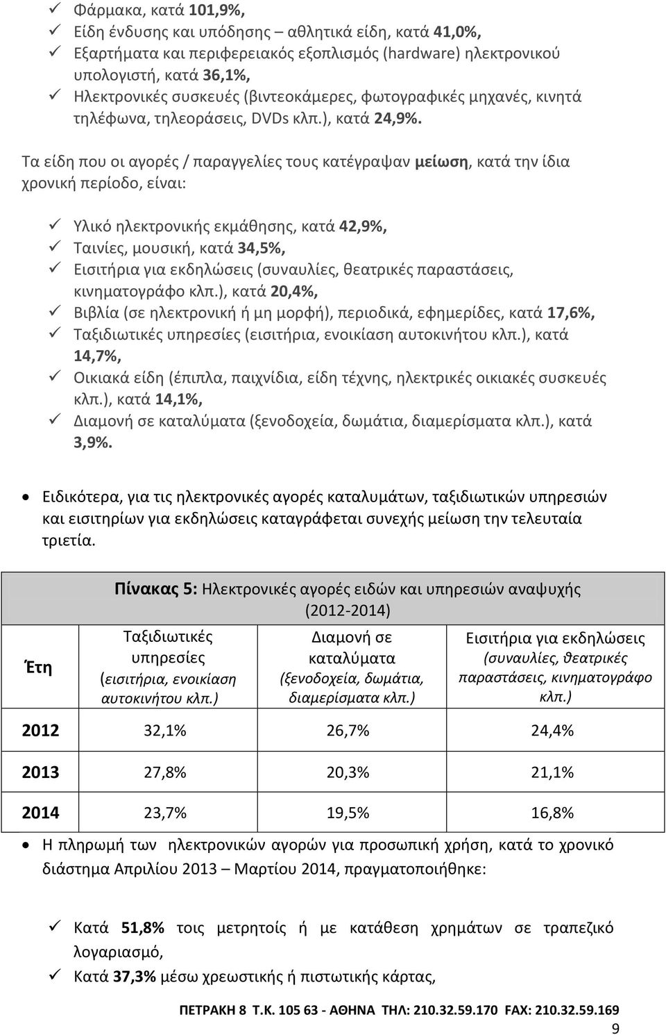 Τα είδη που οι αγορές / παραγγελίες τους κατέγραψαν µείωση, κατά την ίδια χρονική περίοδο, είναι: Υλικό ηλεκτρονικής εκµάθησης, κατά 42,9%, Ταινίες, µουσική, κατά 34,5%, Εισιτήρια για εκδηλώσεις