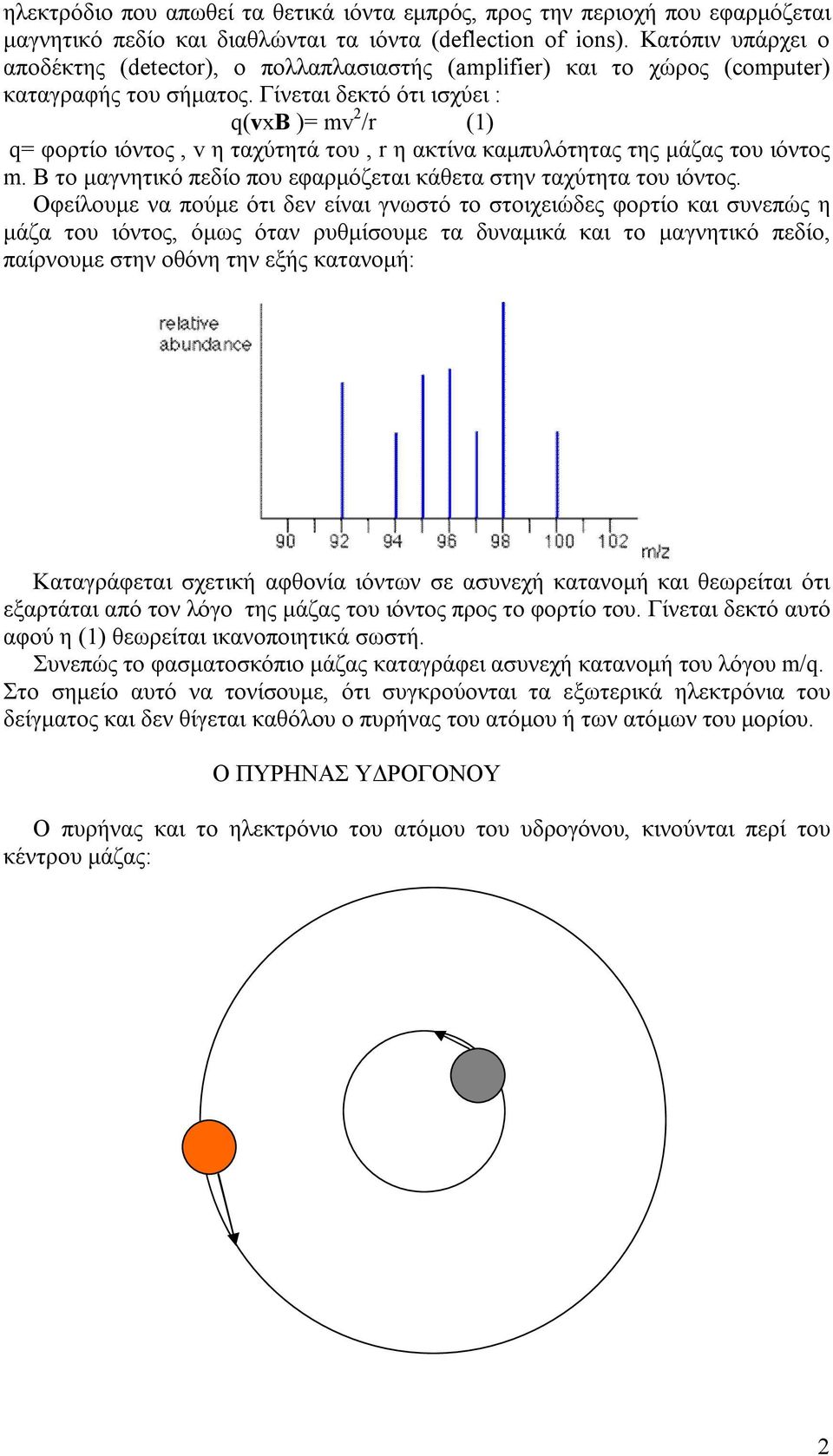 Γίνεται δεκτό ότι ισχύει : q(vxb )= mv 2 /r (1) q= φορτίο ιόντος, v η ταχύτητά του, r η ακτίνα καμπυλότητας της μάζας του ιόντος m.