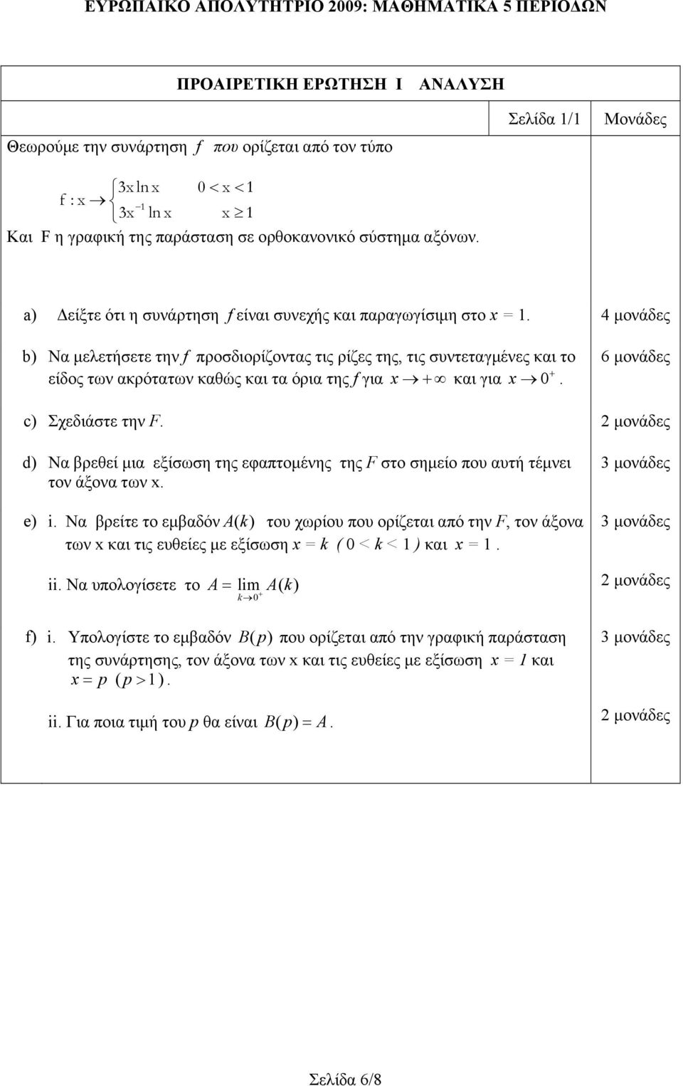 b) Να μελετήσετε την f προσδιορίζοντας τις ρίζες της, τις συντεταγμένες και το είδος των ακρότατων καθώς και τα όρια της f για x και για x 0. 6 μονάδες c) Σχεδιάστε την F.