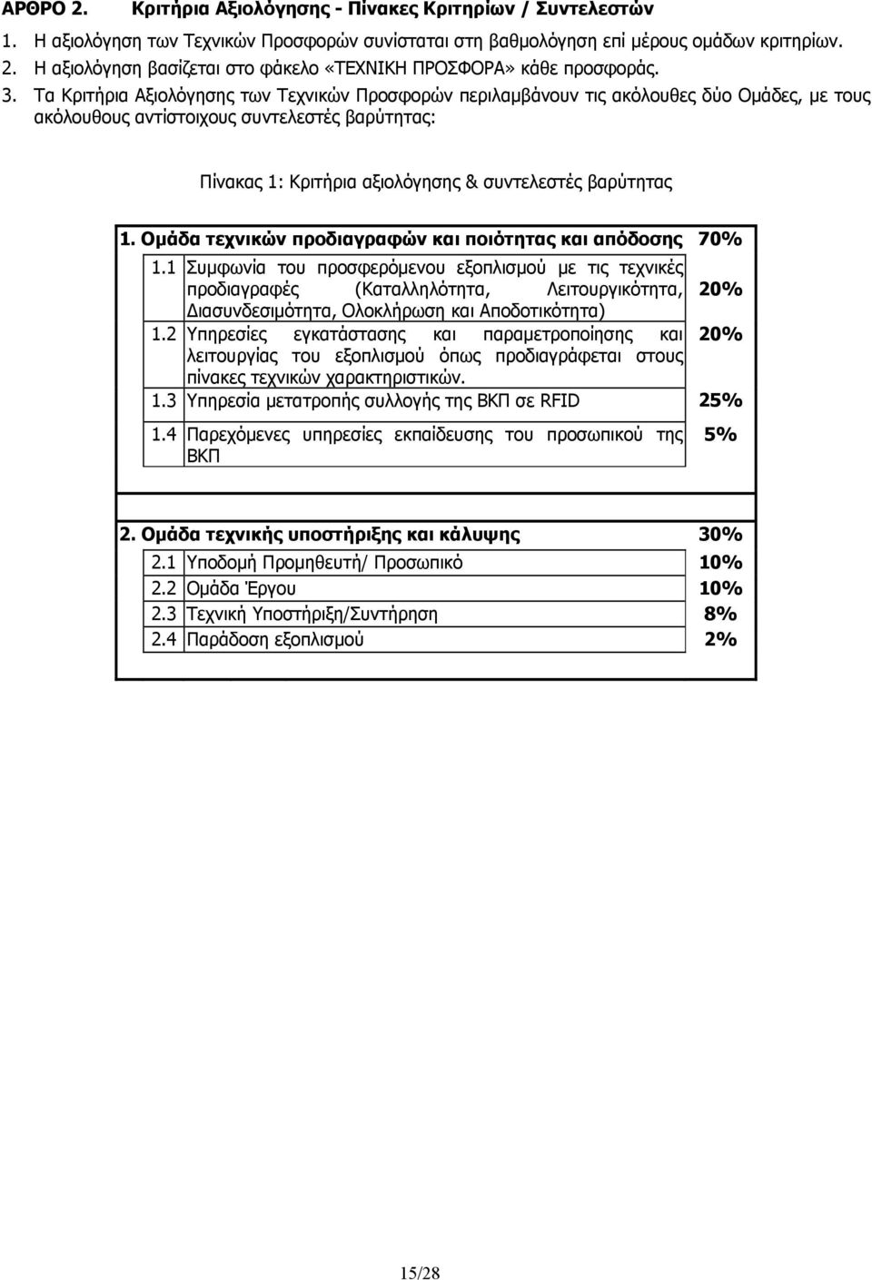 βαρύτητας 1. Ομάδα τεχνικών προδιαγραφών και ποιότητας και απόδοσης 70% 1.