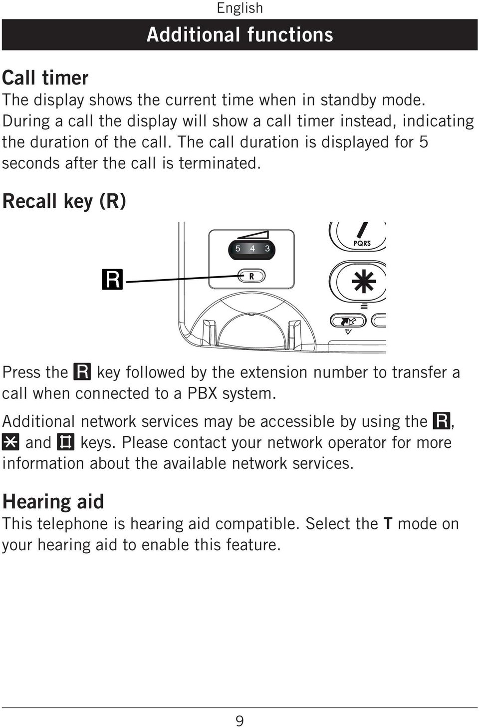 to transfer a call when connected to a PBX system Additional network services may be accessible by using the R, * and # keys Please contact your network operator for