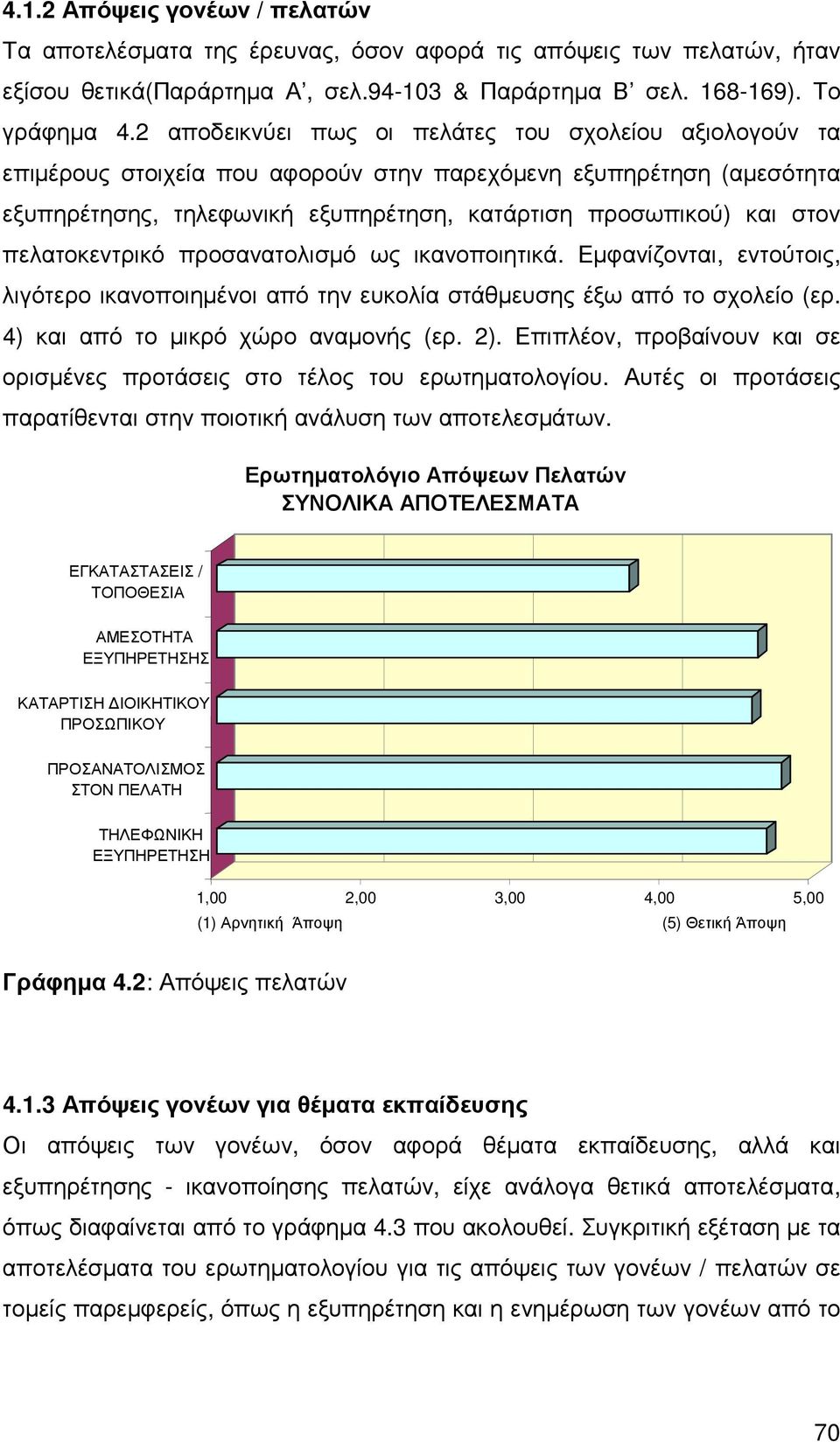 πελατοκεντρικό προσανατολισµό ως ικανοποιητικά. Εµφανίζονται, εντούτοις, λιγότερο ικανοποιηµένοι από την ευκολία στάθµευσης έξω από το σχολείο (ερ. 4) και από το µικρό χώρο αναµονής (ερ. 2).