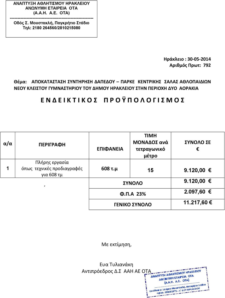 Γ Ι Σ Μ Ο Σ α/α 1 ΠΕΡΙΓΡΑΦΗ Πλήρης εργασία όπως τεχνικές προδιαγραφές για 608 τμ ΕΠΙΦΑΝΕΙΑ ΤΙΜΗ ΜΟΝΑΔΟΣ ανά