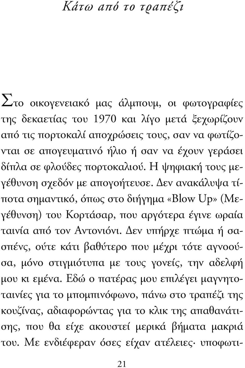 εν ανακάλυψα τίποτα σηµαντικό, όπως στο διήγηµα «Blow Up» (Μεγέθυνση) του Κορτάσαρ, που αργότερα έγινε ωραία ταινία από τον Αντονιόνι.